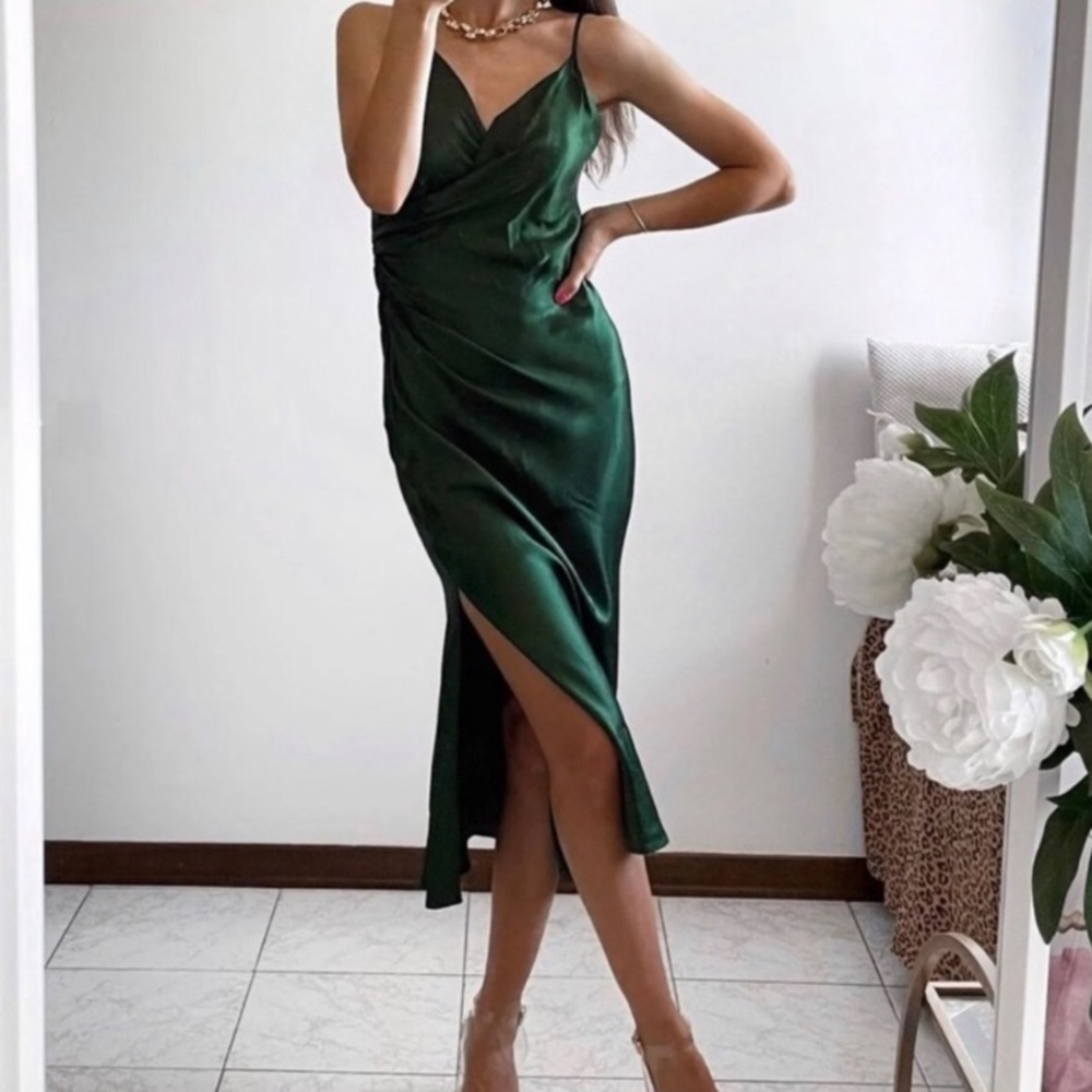 Zara Draped Slip Dress Medium Dark Emerald Green